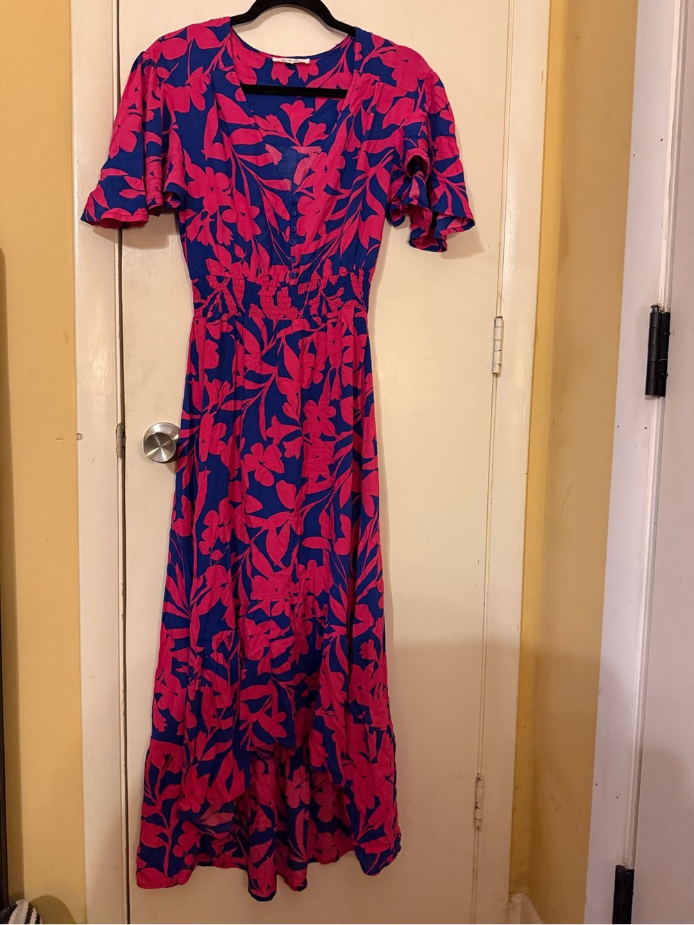 Abel the label Bright Floral V-Neck high low Dress in Fuchsia and blue, size S